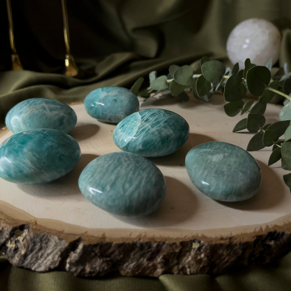 Teal Amazonite Palm Stones of various sizes displayed on a wood slice.