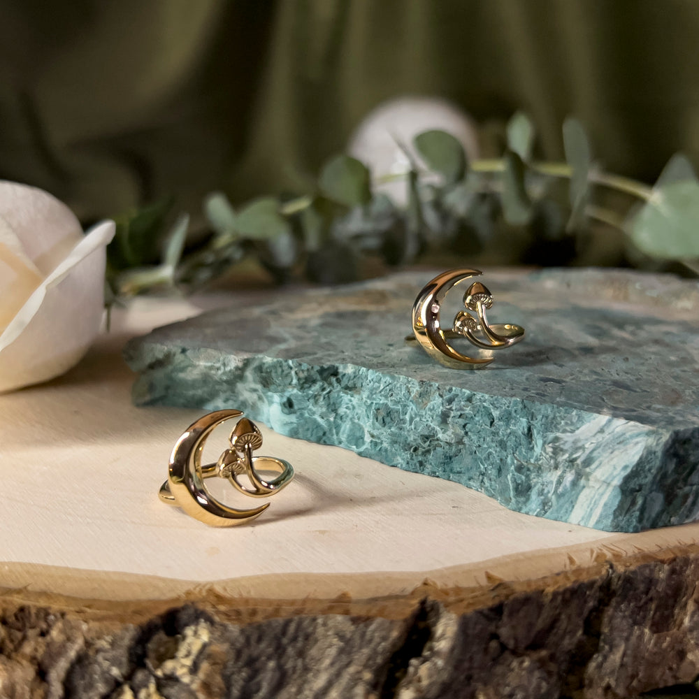 An adjustable ring depicting a moon and a mushroom in bronze.