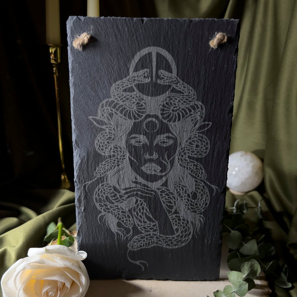 A further back image of the slate Medusa art.