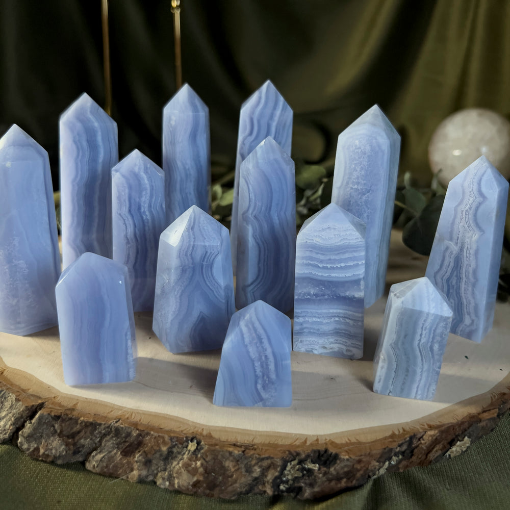 Blue crystal towers with white lace like banding.