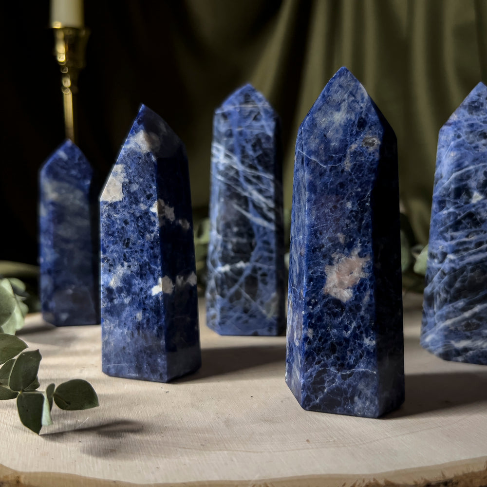 Blue Sodalite towers of various sizes.