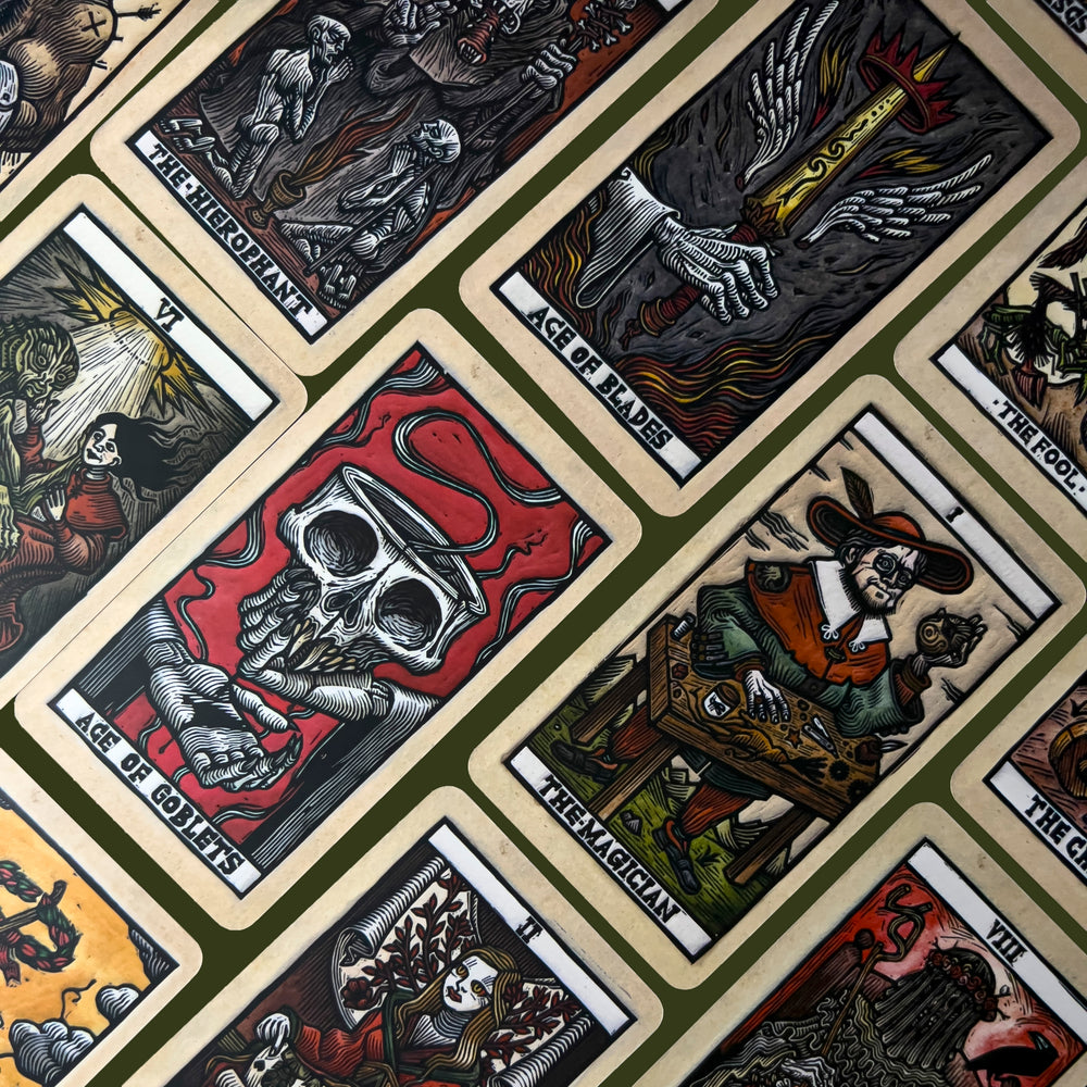 Major Arcana cards from the Tarot Del Toro depicting artwork based off of his films.
