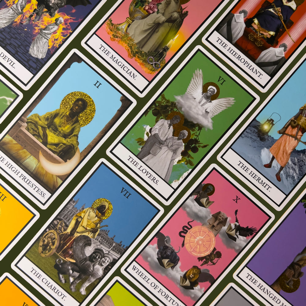 Major Arcana cards from the Tazama African Tarot, displaying vibrant colors and culture rich african symbols and imagery.
