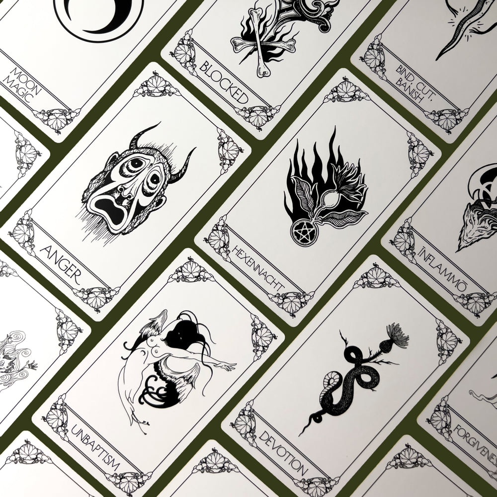 Ritual cards from the Devil's Deck, showcasing their minimalist line drawings with a darker, occult aesthetic.
