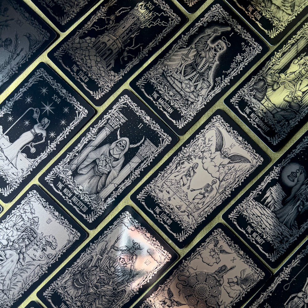 Major arcana cards from the Darkside Skeleton Tarot, each card is foiled.