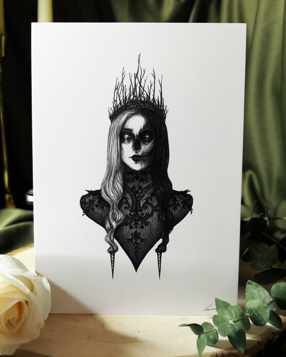 Art print depicting the goddess Hel with crown of sticks on her head.