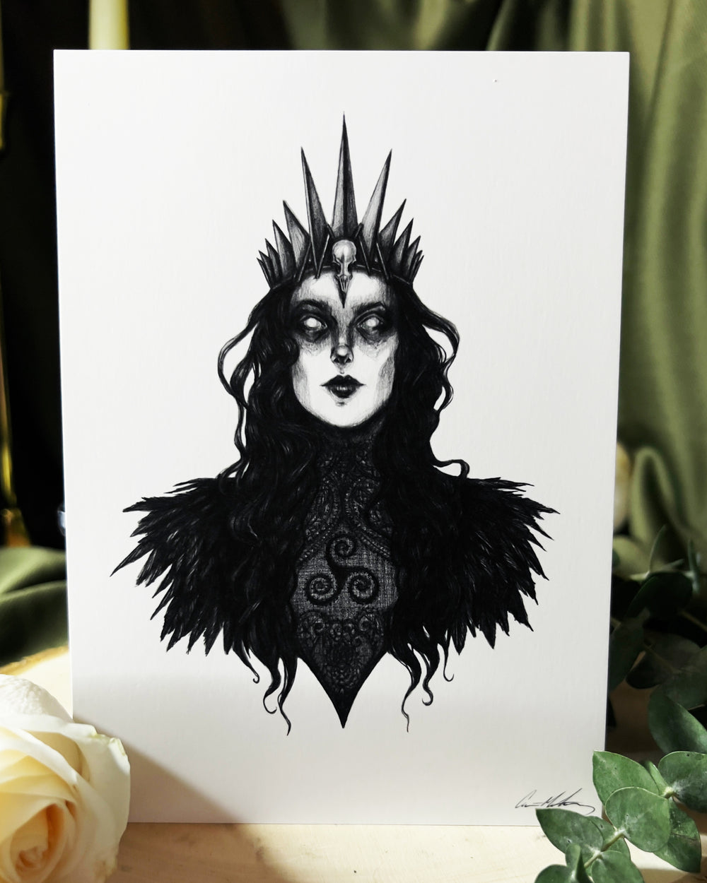 Art print depicting the goddess The Morrigan with a crown of spikes on her head.