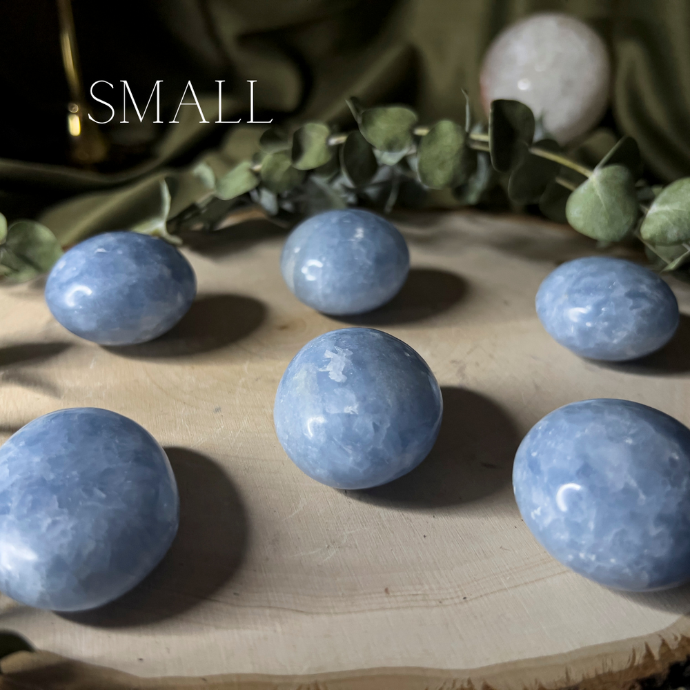 Blue calcite palm stones, small.